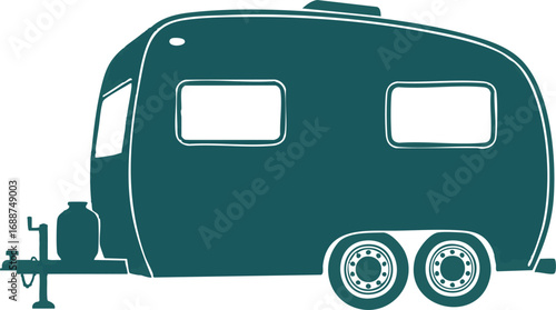 Teal vintage camper trailer, side profile illustration, travel, adventure.