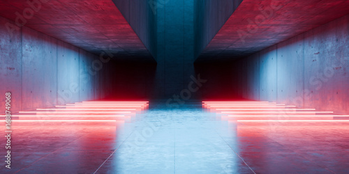 Modern Underground Massive Concrete Cement Blocks Hallway Room Tunnel Corridor Bunker Hangar Realistic Stage Lights Empty Warehouse 3D Rendering