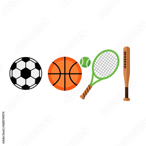 Soccer ball, basketball, tennis racket, and baseball bat.