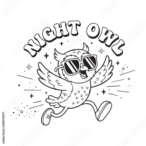  Energetic Night Owl Wearing Sunglasses - Cartoon Vector Outline
