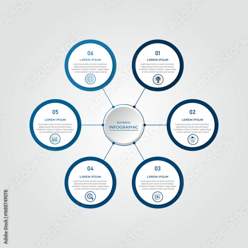 Marketing process visualization timeline diagram | Business data representation with white circle diagram dot connection with icon | 3d centre radial 6 steps blue flowchart   for business