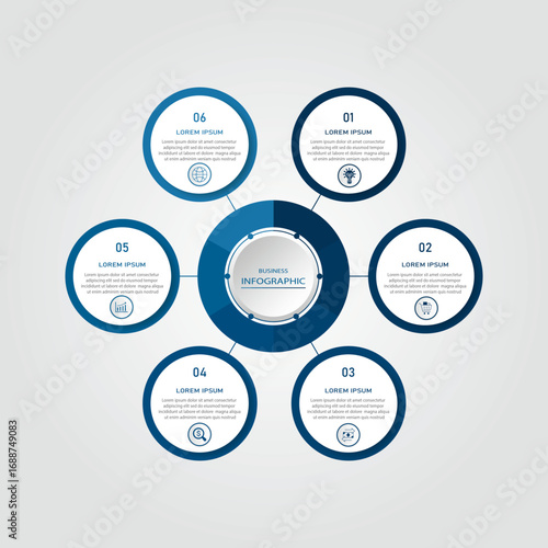 Marketing process visualization timeline diagram | Business data representation with white circle diagram with icon | 3d centre radial 6 steps blue flowchart   for business