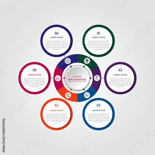 Marketing process visualization timeline diagram | Business data representation with white circle diagram with icon | 3d centre radial 6 steps flowchart   for business