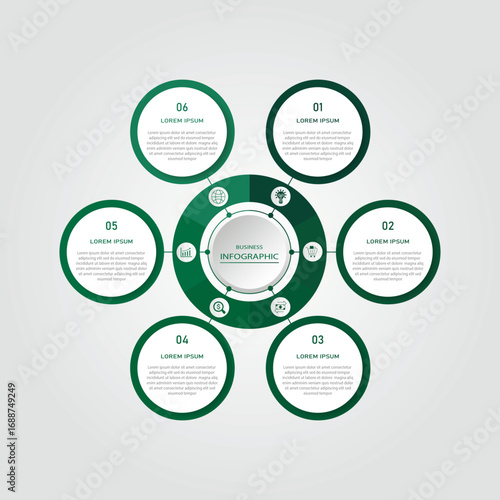 Marketing process visualization timeline diagram | Business data representation with white connected circle diagram with icon | 3d centre radial 6 steps flowchart   for business