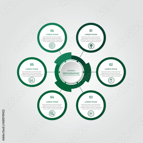 Marketing process visualization timeline diagram | Business data representation with white circle diagram with icon | 3d centre wheel 6 steps green flowchart   for business