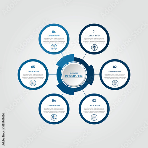 Business progress or process visualization with 6 steps circular white diagrams | Infographic blue radial wheel marketing chart | Modern abstract innovation for presentation, report