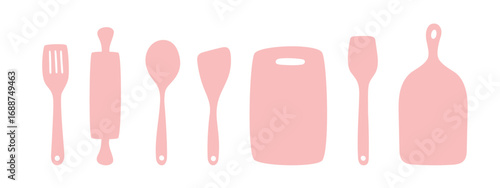Clean pink silhouettes of spatula, spoon, rolling pin, and cutting board – versatile vector for food graphics, kitchen prints, and cooking-related projects.