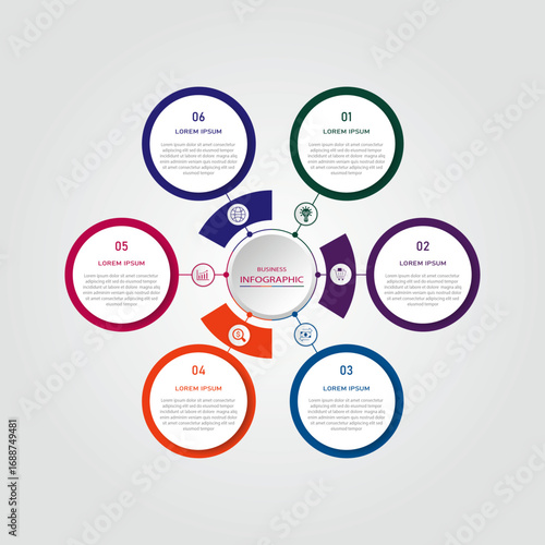 Business progress or process visualization with 6 steps circular white diagrams | Infographic coloured radial wheel marketing chart | Modern abstract innovation for presentation, report