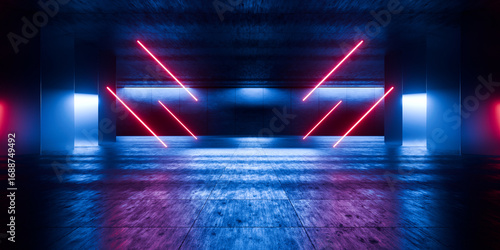 Modern Underground Massive Concrete Cement Blocks Hallway Room Tunnel Corridor Bunker Hangar Realistic Stage Lights Empty Warehouse 3D Rendering