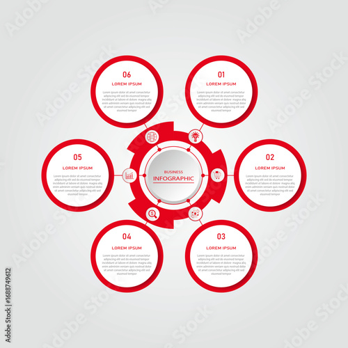 Business progress or process visualization with 36steps circular white diagrams | Infographic red radial wheel marketing chart | Modern abstract innovation for presentation, report
