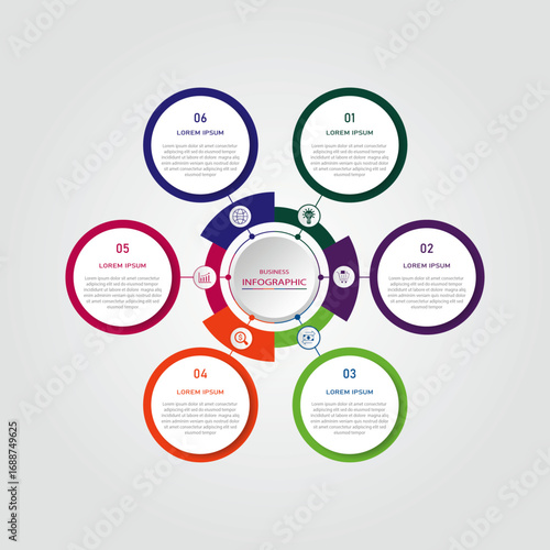 Business progress or process visualization with 6 steps circular white diagrams | Infographic multi colour radial wheel marketing chart | Modern abstract innovation for presentation, report