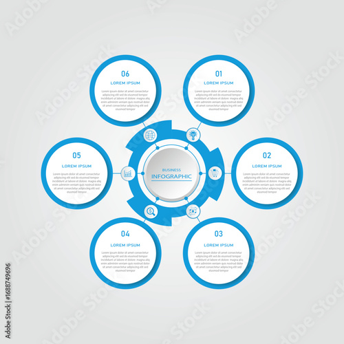 Business progress or process visualization with 6 steps circular white diagrams | Infographic cyan-blue radial wheel marketing chart | Modern abstract innovation for presentation, report