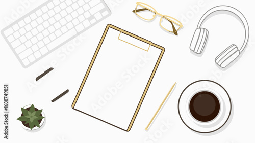 Flat lay workspace mockup with keyboard clipboard headphones coffee and succulent plant.