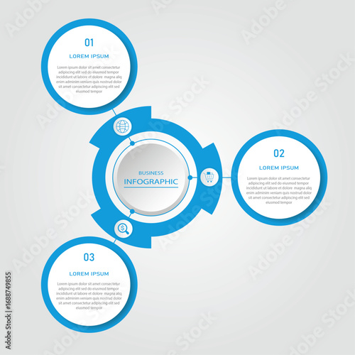 Business progress or process visualization with 3 steps circular white diagrams | Infographic blue radial wheel marketing chart | Modern abstract innovation for presentation, report