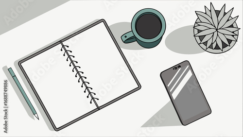 Flatlay illustration of a workspace with notebook pen coffee phone and plant.