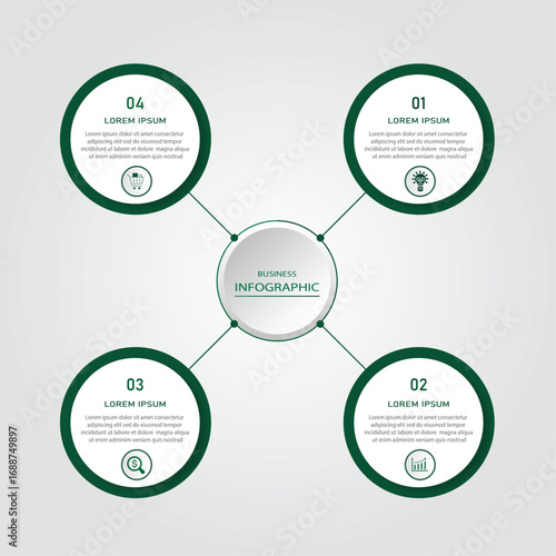 Business progress or process visualization with 4 steps circular white diagrams | Infographic green radial wheel marketing chart | Modern abstract innovation for presentation, report
