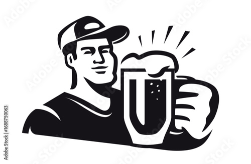 Man in cap with big mug of beer in his фhand. Alcoholic drink, ale emblem. Vector illustration for pub label or menu