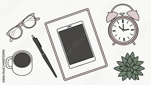 Flatlay illustration of tablet coffee alarm clock succulent pen and glasses.