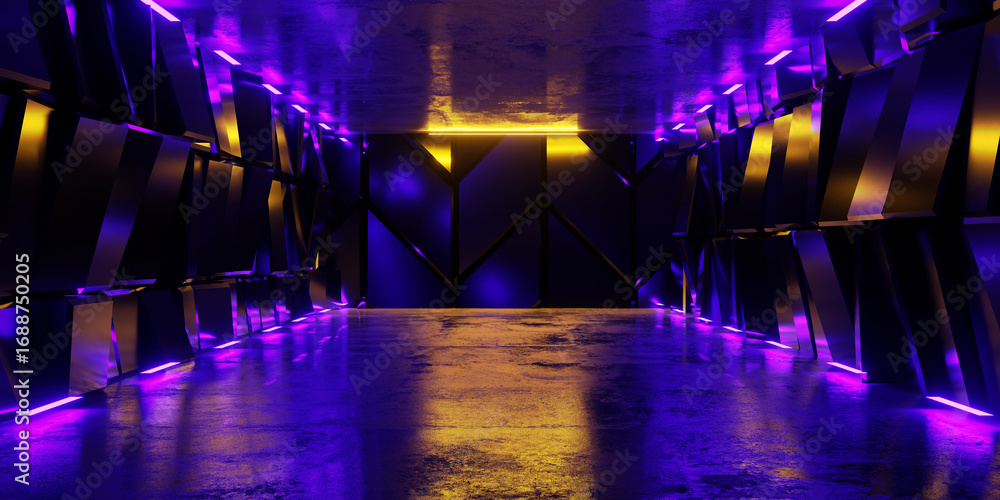 Obraz premium Modern Alien Tunnel Corridor Spaceship Blue Glow Lasers Room Garage Hangar Warehouse Sci Fi Futuristic Metal Mesh Panels Structure Stone Floor Showroom Garage Lights 3D Rendering