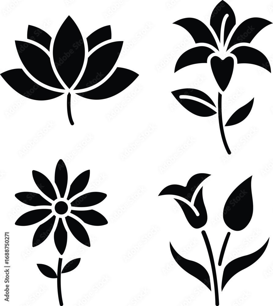 Obraz premium Elegant Black Flower Silhouette Icons – Lotus, Lily, Daisy, and Tulip Designs..eps