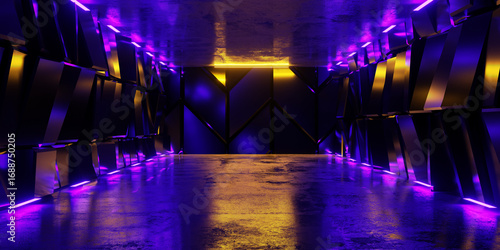 Modern Alien Tunnel Corridor Spaceship Blue Glow Lasers Room Garage Hangar Warehouse Sci Fi Futuristic Metal Mesh Panels Structure Stone Floor Showroom Garage Lights 3D Rendering