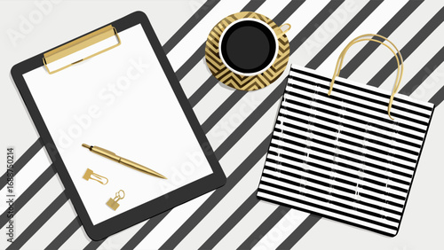 Flatlay of Clipboard Coffee Cup and Shopping Bag on Striped Background.