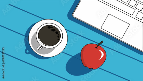 Flatlay of Coffee Apple and Laptop on Blue Table Work from Home Concept Illustration.