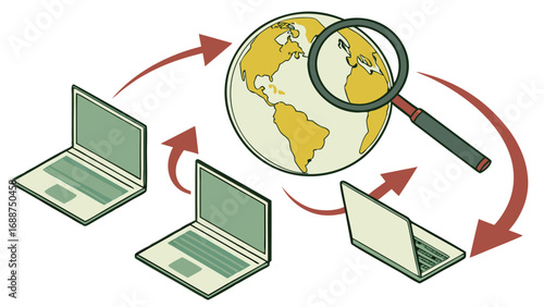 Global Network Connection Laptops Communicating Around the World with Magnifying Glass Illustration.