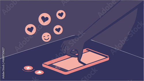 Hand interacting with smartphone screen social media likes hearts emojis flat design digital interaction online engagement.
