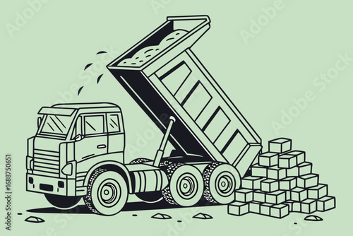 Dump truck unloading gravel illustration with construction bricks and debris