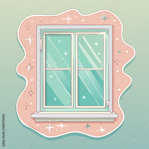 Vector sticker shapes with peeled corners stacked around portrait window
