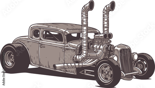 A vintage hot rod coupe with a powerful V8 engine and dual exhaust pipes, depicted in a detailed, stylized illustration.
