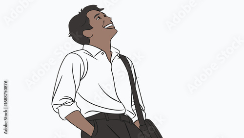 Happy Man Looking Upward Simple Line Art Illustration.