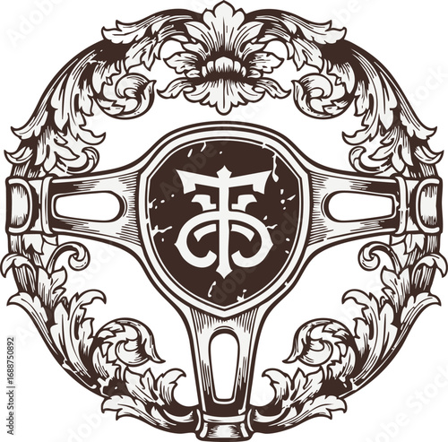 Ornate vintage steering wheel emblem featuring a stylized monogram within a decorative crest, evoking a sense of classic automotive heritage and craftsmanship.