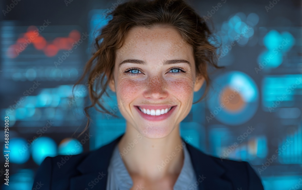Obraz premium Joyful businesswoman with frothy skin smiling at holographic analytics dashboard for data insights