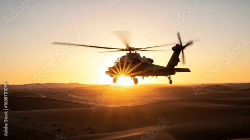 Military helicopter flying low over sand dunes in the desert at a beautiful golden sunset