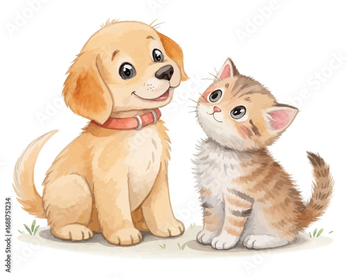 Cute Watercolor Puppy and Kitten Illustration Isolated on White