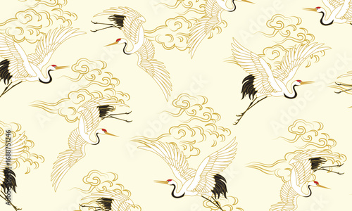 Seamless Japanese art with Red-crowned cranes and stylized clouds.