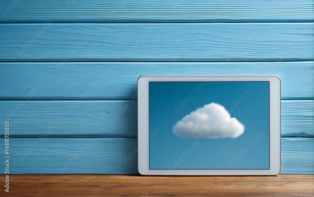Fototapeta premium Minimal setup with tablet displaying cloud interface concept in a modern digital workspace