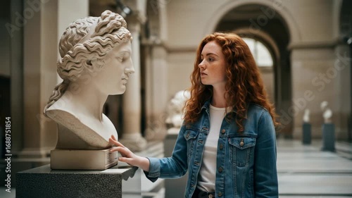 Young Woman Observing Classical Sculpture in Museum Exhibit Hall with Natural Light and Denim Jacket