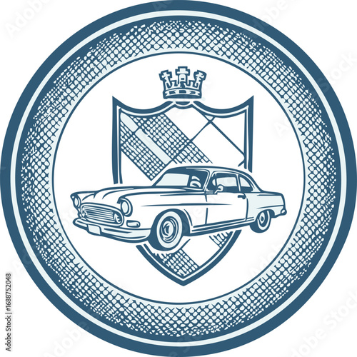 A vintage car illustration is centered within a circular emblem with a shield and crown motif, rendered in blue line art.