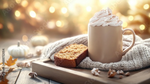 Wallpaper Mural Cozy autumn morning: steaming coffee with whipped cream and pumpkin bread on wooden tray Torontodigital.ca