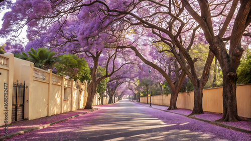 Colorful photograph depicting a picturesque street lined with jacaranda trees in full bloom