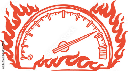 A speedometer with the needle pointing to high, surrounded by flames, illustrating high speed or intensity.