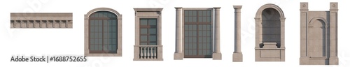 Neoclassical architectural kit: isolated facade elements for design projects. Isolated png on a transparent background premium cutout (Classical doors, window frames, balcony railings, columns & etc.)