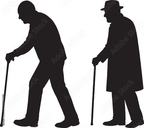 Black and White Silhouette of an Old Man with Walking Stick Isolated on White Background
