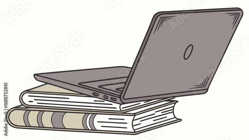 Laptop computer on stack of books education study learning technology online course illustration.