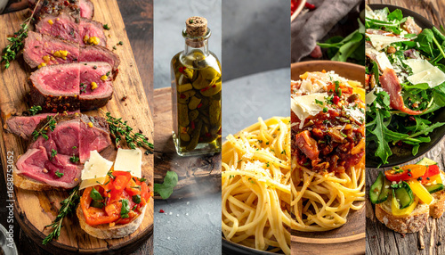 A delicious collage of Italian cuisine, featuring succulent steak, antipasto, pasta, and bruschetta, perfect for food blogs and menus