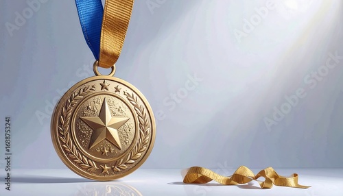 Gold medal with ribbon on a light gray background