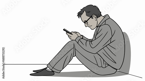 Man sitting on the floor using a smartphone grayscale illustration.
